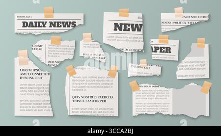 Pezzi di giornale d'epoca con bordi strappati su nastro - frammenti di notizie quotidiane che mostrano titoli, colonne e sezioni di testo. Collage di giornalismo retrò per la progettazione di supporti, layout di album o concept di stampa. Illustrazione Vettoriale