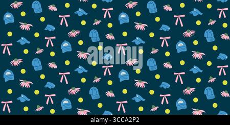 Motivo tennis senza cuciture. Palline sportive e fiori con nastri di sfondo senza fine. Padel gioco ornamento continuo. Design con motivo superficiale sportivo Illustrazione Vettoriale