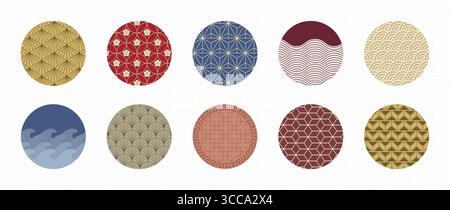 Set di cerchi tradizionali giapponesi con vari motivi geometrici e naturali. Elementi decorativi orientali per progetti asiatici, imballaggi o tessuti. Motivi classici in moderno formato circolare. Illustrazione Vettoriale