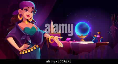 Personaggio mistico sorridente in costume colorato, gioielli dorati, pozioni magiche sul tavolo per un gioco di lettura psichica, illustrazione di tarocchi. Illustrazione Vettoriale