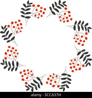 Corona di bacche di rowan autunnale. Modello cornice circolare per biglietti d'auguri o stampe. Illustrazione piatta e accogliente. Illustrazione Vettoriale