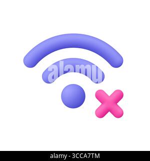 Segnale Wi-Fi viola con croce rosa, simbolo di rifiuto o annullamento. Concetto di connessione Internet assente, errore di rete e stato offline. icona vettoriale 3d. C Illustrazione Vettoriale