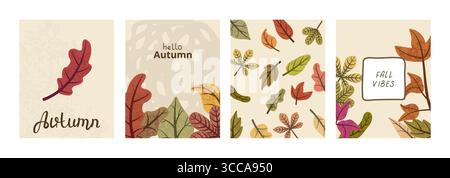 Autunno lascia striscioni con i saluti Hello Autumn e Fall Vibes Illustrazione Vettoriale
