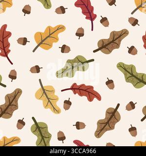 Foglie di quercia autunnale colorate e ghiande motivo senza cuciture su sfondo bianco Illustrazione Vettoriale