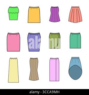 Dodici icone colorate alla moda che mostrano stili e lunghezze diversi Illustrazione Vettoriale