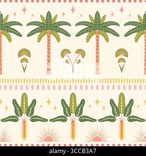 Illustrazione vettoriale della ripetizione senza giunture del bordo tropicale. Design estivo orizzontale. Palme, stelle, elementi metà sole, linee tratteggiate su sfondo chiaro Illustrazione Vettoriale