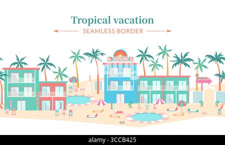 Confine perfetto con i vettori dell'hotel tropicale. Modello di cornice paesaggistica a bordo piscina con edifici alberghieri colorati, palme, lettini e ombrelloni Illustrazione Vettoriale