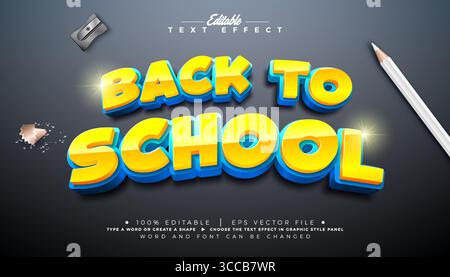 Stile grafico di Illustrator con effetti di testo modificabili Back to School con carattere cartoni animati 3D personalizzabile e matita bianca su sfondo lavagna Illustrazione Vettoriale