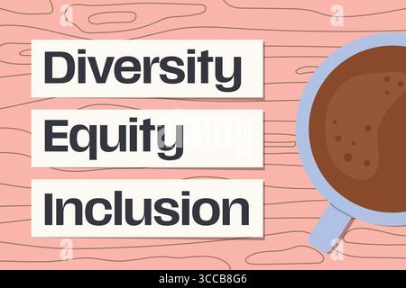 DEI Diversity Equity Inclusion scritto sulle note di carta su scrivania in legno, composizione piatta - illustrazione vettoriale Illustrazione Vettoriale