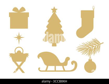set di icone natalizie dorate: regalo, albero con stella, calza, presepe, slitta di babbo natale e baule con ramo di abete - illustrazione vettoriale Illustrazione Vettoriale