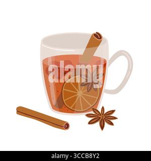 Tazza di bicchiere con VIN brulé con anice, cannella, bacche, arancio isolato su sfondo bianco. Bevande tradizionali autunnali e invernali, vettori di bevande malate Illustrazione Vettoriale