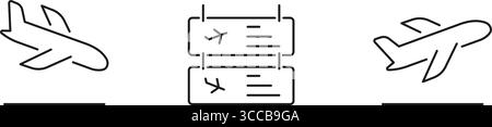 Set di icone per il decollo e l'atterraggio dell'aeroplano con Flight Board Line. I simboli delle informazioni di partenza, arrivo e aeroporto dell'aeromobile sono visibili. Tratto modificabile Illustrazione Vettoriale