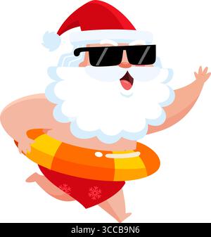 Il personaggio del cartone animato di Babbo Natale estivo corre con anello gonfiabile – illustrazione vettoriale Design piatto isolato su sfondo trasparente Illustrazione Vettoriale
