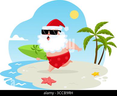 Il personaggio del cartone animato di Babbo Natale in estate tiene in mano la tavola da surf e cammina sulla spiaggia tropicale - illustrazione vettoriale dal design piatto Illustrazione Vettoriale