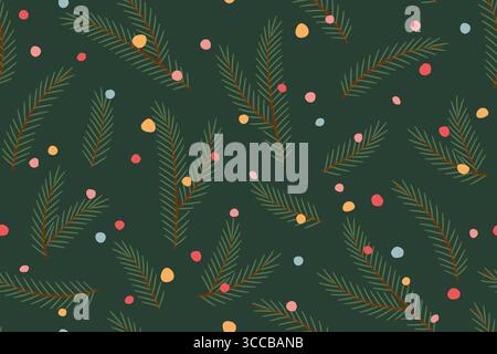 motivo natalizio senza cuciture con rami di abeti e puntini colorati; ideale per avvolgere, biglietti d'auguri, grafica dei social media - illustrazione vettoriale Illustrazione Vettoriale