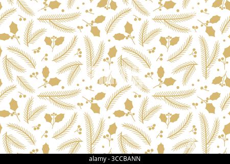 Motivo dorato senza cuciture con rami di abete e bacche agrifoglio; sfondo natalizio e invernale - illustrazione vettoriale Illustrazione Vettoriale