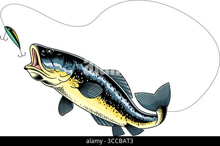 Largemouth Bass Fish che cattura l'esca da pesca Graphic Design. Illustrazione vettoriale disegnata a mano isolata su sfondo trasparente Illustrazione Vettoriale