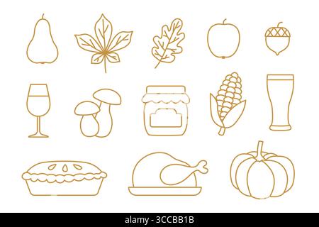 set di icone del ringraziamento: pera, foglie autunnali, mela, ghianda, tacchino arrosto, birra, marmellata, mais, vino, funghi, torta di mele, illustrazione vettoriale di zucca Illustrazione Vettoriale