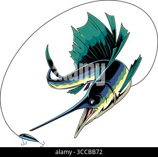 Sailfish che cattura il disegno grafico dell'esca da pesca. Illustrazione vettoriale disegnata a mano isolata su sfondo trasparente Illustrazione Vettoriale