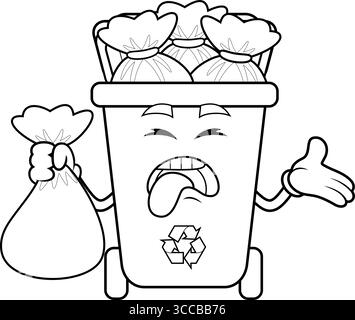 Cestino delineato personaggio cartoni animati pieno di spazzatura. Illustrazione vettoriale disegnata a mano isolata su sfondo trasparente Illustrazione Vettoriale