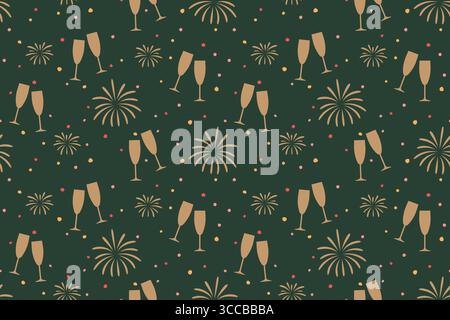 Motivo dorato di Capodanno senza cuciture con bicchieri da champagne, fuochi d'artificio e colorate illustrazioni vettoriali Illustrazione Vettoriale