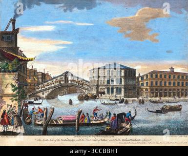 Un'incisione colorata Con Una vista sul Ponte di Realto Venezia, la Corte di giustizia del magazzino pubblico tedesco Johann Sebastian Muller dopo Michele Giovanni Marieschi, l'editore John Bowles e Thomas Bowles, lo skyline del XVIII secolo e il paesaggio urbano prospettiva storica che incide acquerello vecchia stampa d'epoca anni '1744 1740 Italia Foto Stock