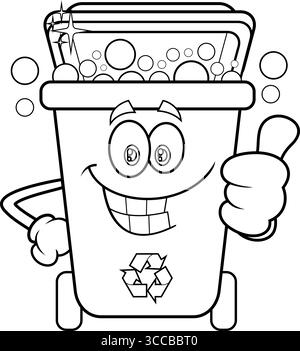 Pulizia dei caratteri dei cartoni animati del cestino e assegnazione dei pollice. Illustrazione vettoriale disegnata a mano isolata su sfondo trasparente Illustrazione Vettoriale