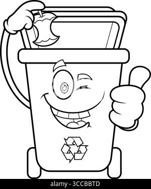 Il personaggio di Cartoon Cestino delineato lancia Apple Stump e dà i Thumbs Up. Illustrazione vettoriale disegnata a mano Illustrazione Vettoriale