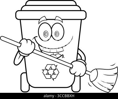 Pulizia dei caratteri dei cartoni animati del cestino con spazzatrice. Illustrazione vettoriale disegnata a mano isolata su sfondo trasparente Illustrazione Vettoriale