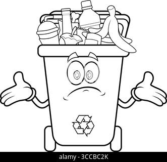 Cestino delineato personaggio cartoni animati pieno di spazzatura e braccia aperte. Illustrazione vettoriale disegnata a mano isolata su sfondo trasparente Illustrazione Vettoriale