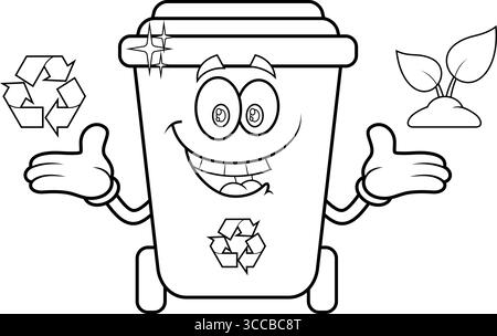 Carattere cartoni animati cestino delineato che mostra i segni del cestino. Illustrazione vettoriale disegnata a mano isolata su sfondo trasparente Illustrazione Vettoriale