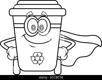 Cestino delineato cestino personaggio di cartone animato supereroe. Illustrazione vettoriale disegnata a mano isolata su sfondo trasparente Illustrazione Vettoriale