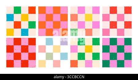 Sfondi colorati con motivo a scacchi rosso, rosa, arancione, verde, blu, quadrati gialli e pastello. Fantasie vettoriali divertenti e fluide per l'avvolgimento Illustrazione Vettoriale
