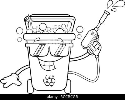 Personaggio cartoni animati cestino con bordo e pistola lavavetri. Illustrazione vettoriale disegnata a mano isolata su sfondo trasparente Illustrazione Vettoriale