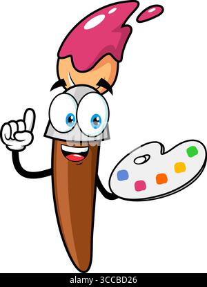 Carattere cartoni animati pennello scolastico con Una tavolozza colori. Illustrazione vettoriale disegnata a mano isolata su sfondo trasparente Illustrazione Vettoriale
