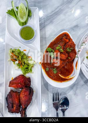 Delizioso pasto indiano al curry con pollo tandoori, curry piccante, chutney verde e insalata fresca su un tavolo di marmo del ristorante kuala lumpur malesia Foto Stock
