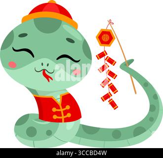 Carino personaggio carino del Capodanno cinese Snake Cartoon che tiene in mano il violino cinese rosso. Illustrazione vettoriale Flat Design isolato su sfondo trasparente Illustrazione Vettoriale