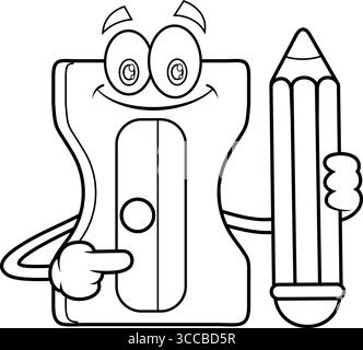 Disegnato il personaggio del cartone animato dell'affilatrice scolastica con Una matita. Illustrazione vettoriale disegnata a mano isolata su sfondo trasparente Illustrazione Vettoriale