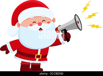 Carino personaggio dei cartoni animati di Babbo Natale che parla attraverso Un megafono. Illustrazione vettoriale Flat Design isolato su sfondo trasparente Illustrazione Vettoriale