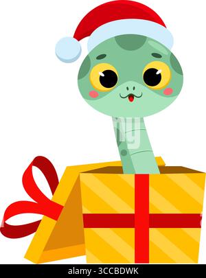 Carino personaggio del cartoni animati del Capodanno cinese con uscita Babbo Natale dalla confezione regalo. Illustrazione vettoriale Flat Design isolato su sfondo trasparente Illustrazione Vettoriale