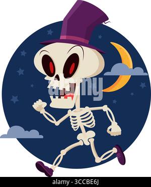 Carino Halloween Skeleton Ghost Cartoon personaggio che corre nella notte. Illustrazione vettoriale Flat Design isolato su sfondo trasparente Illustrazione Vettoriale