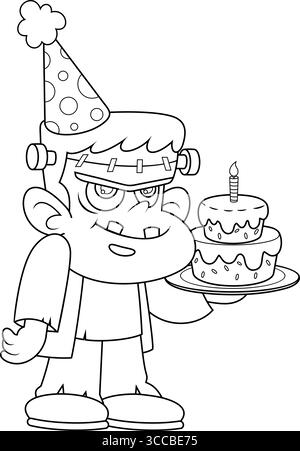 Il carino personaggio di Halloween Frankenstein Cartoon indossa Un cappello da festa e tiene in mano Una torta di compleanno. Illustrazione vettoriale disegnata a mano Illustrazione Vettoriale