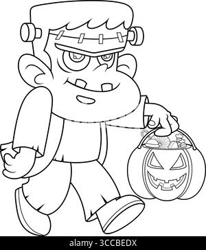 Il carino personaggio di Frankenstein Cartoon corre con il cestino di caramelle della zucca. Illustrazione vettoriale disegnata a mano isolata su sfondo trasparente Illustrazione Vettoriale