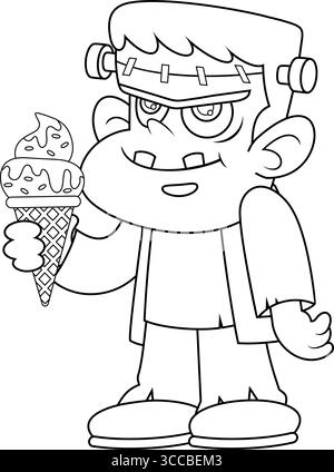 Il simpatico personaggio di Frankenstein Cartoon che regge Un gelato. Illustrazione vettoriale disegnata a mano isolata su sfondo trasparente Illustrazione Vettoriale