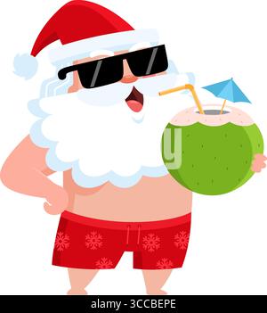 Estate Babbo Natale personaggio Cartoon bevendo cocktail di cocco sulla spiaggia. Illustrazione vettoriale Flat Design isolato su sfondo trasparente Illustrazione Vettoriale