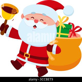 Carino personaggio di Babbo Natale con Sack Walking e Ringing A Bell. Illustrazione vettoriale Flat Design isolato su sfondo trasparente Illustrazione Vettoriale