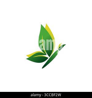 logo beauty green butterfly icona disegno vettoriale illustrazione, foglie verdi concept farfalla logo Illustrazione Vettoriale