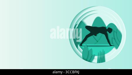 Modello orizzontale. Posa yoga Kashyapasana. Plank laterale con una posa da yoga semi-loto legata. Design tagliato carta. Illustrazione vettoriale isolata. Illustrazione Vettoriale