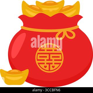 Cartoon Capodanno cinese Lucky Red Bag Gold con inserti. Illustrazione vettoriale Flat Design isolato su sfondo trasparente Illustrazione Vettoriale