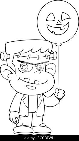 Il carino personaggio di Frankenstein Cartoon che regge Un pallone con il volto del teschio. Illustrazione vettoriale disegnata a mano isolata su sfondo trasparente Illustrazione Vettoriale